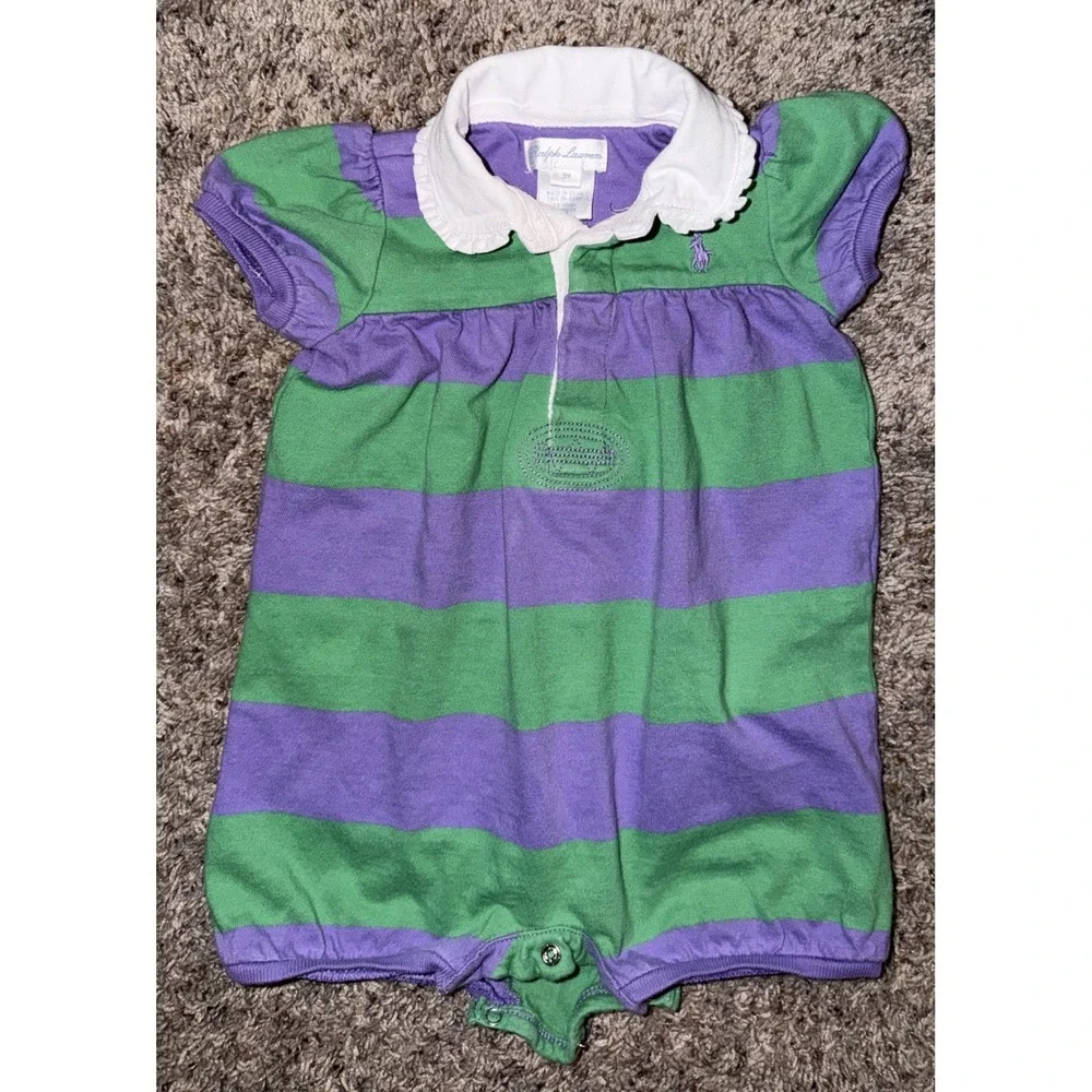 Ralph‎ Lauren Outfit Romper Layette Purple Green Striped One piece Pony Logo 9M